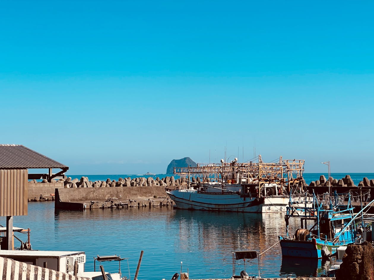 Fishing boats resting in a calm harbor with clear blue sky above