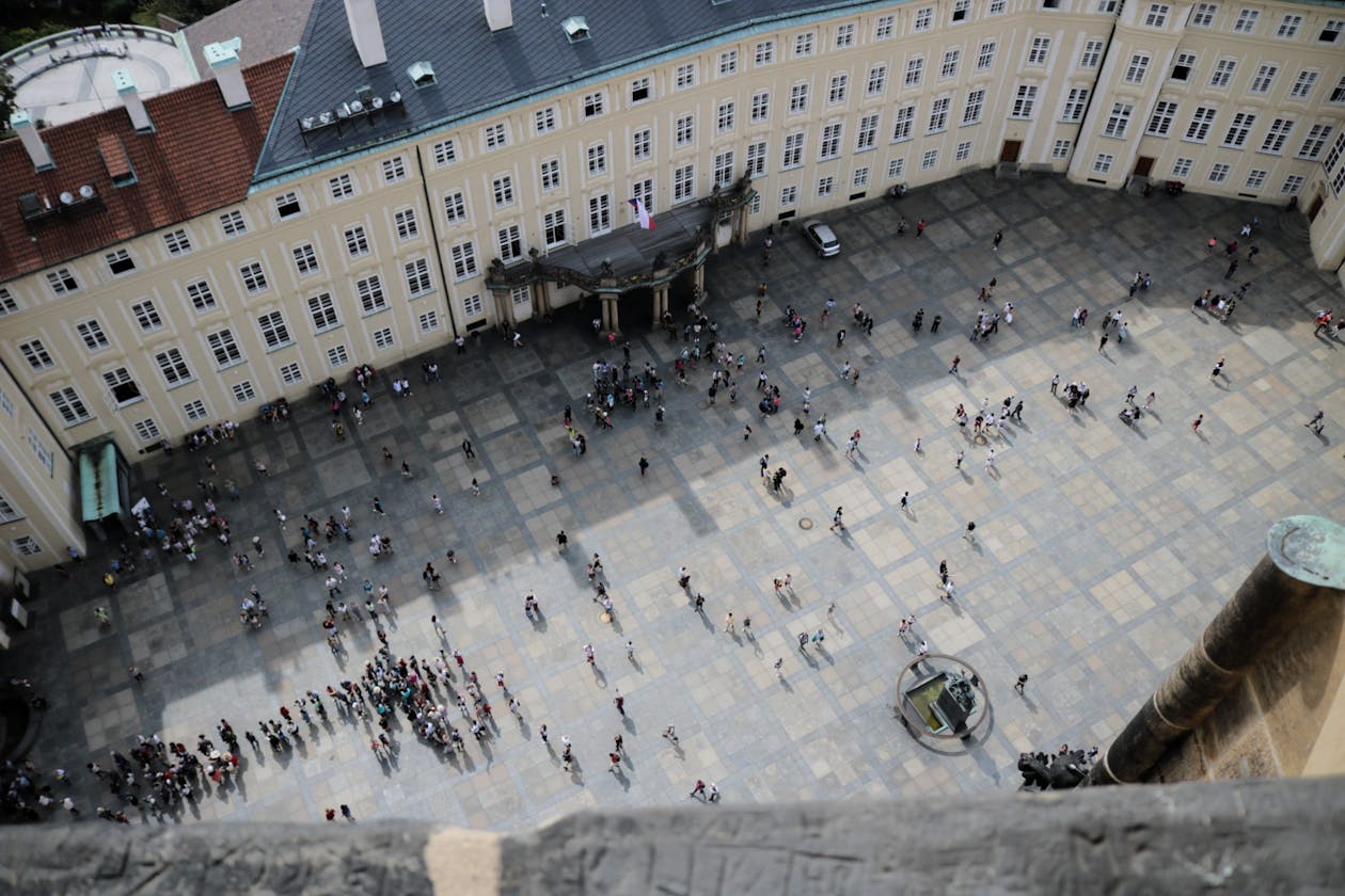 Aerial view of travelers in Old Town Square Prague