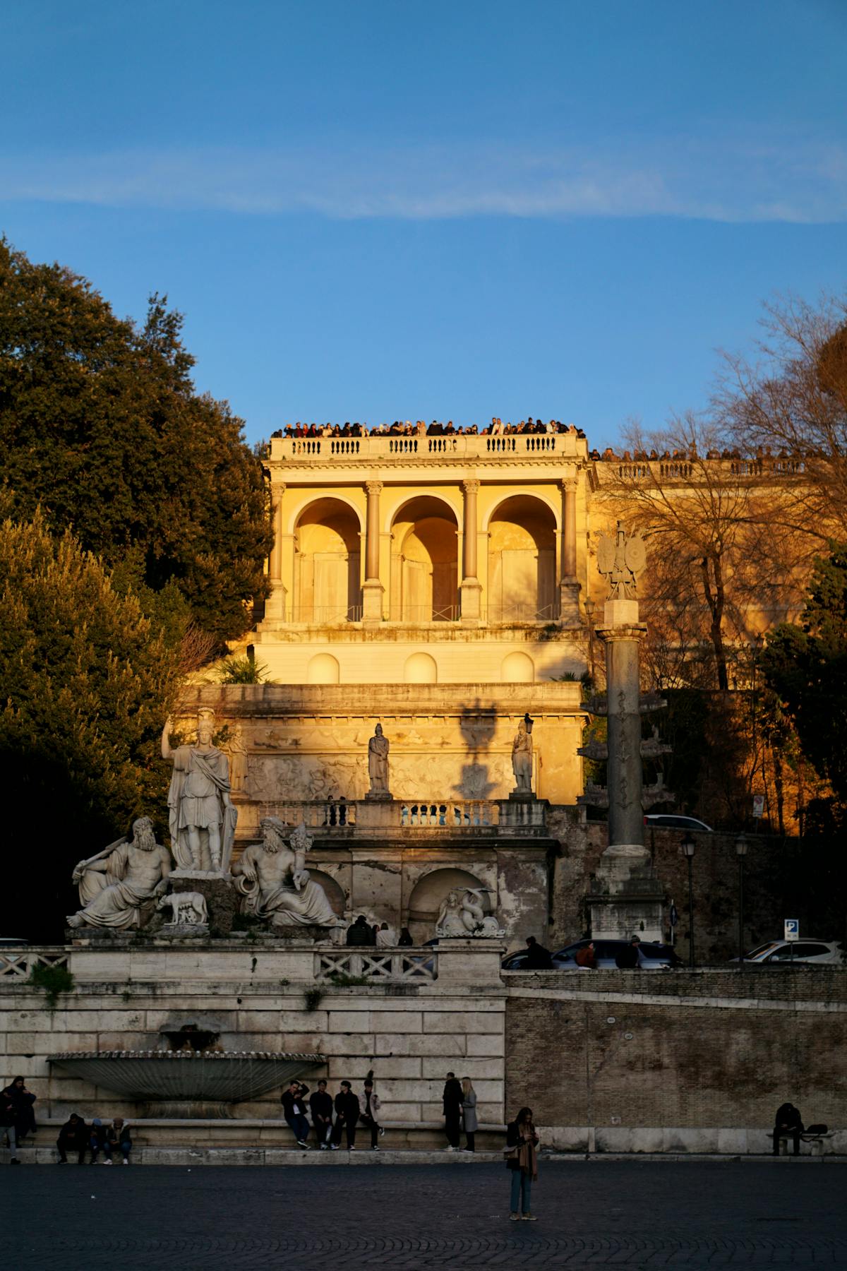 Golden sunset at Villa Borghese park Rome with ancient architecture