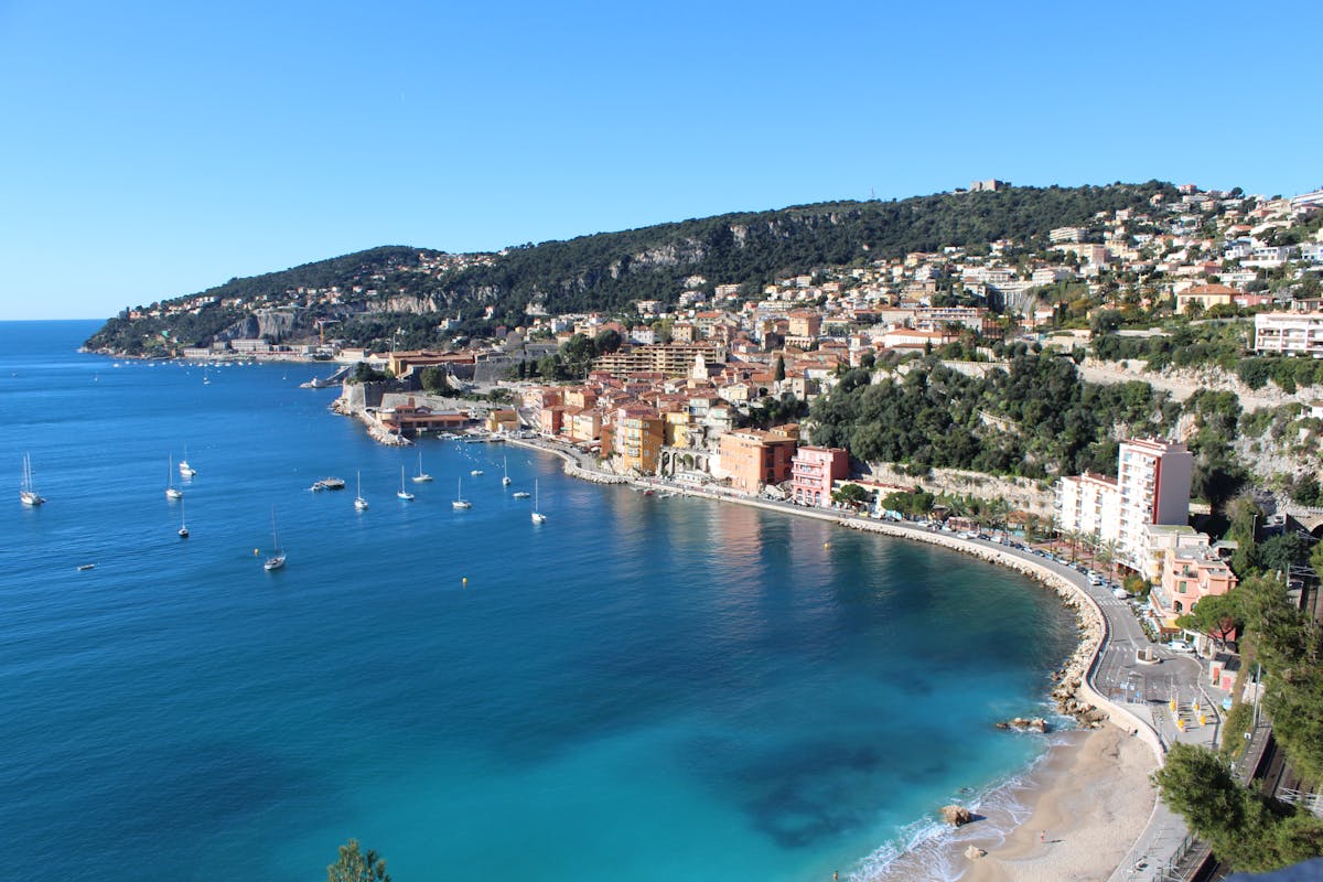 Aerial view of Villefranche-sur-Mer bay boats French Riviera