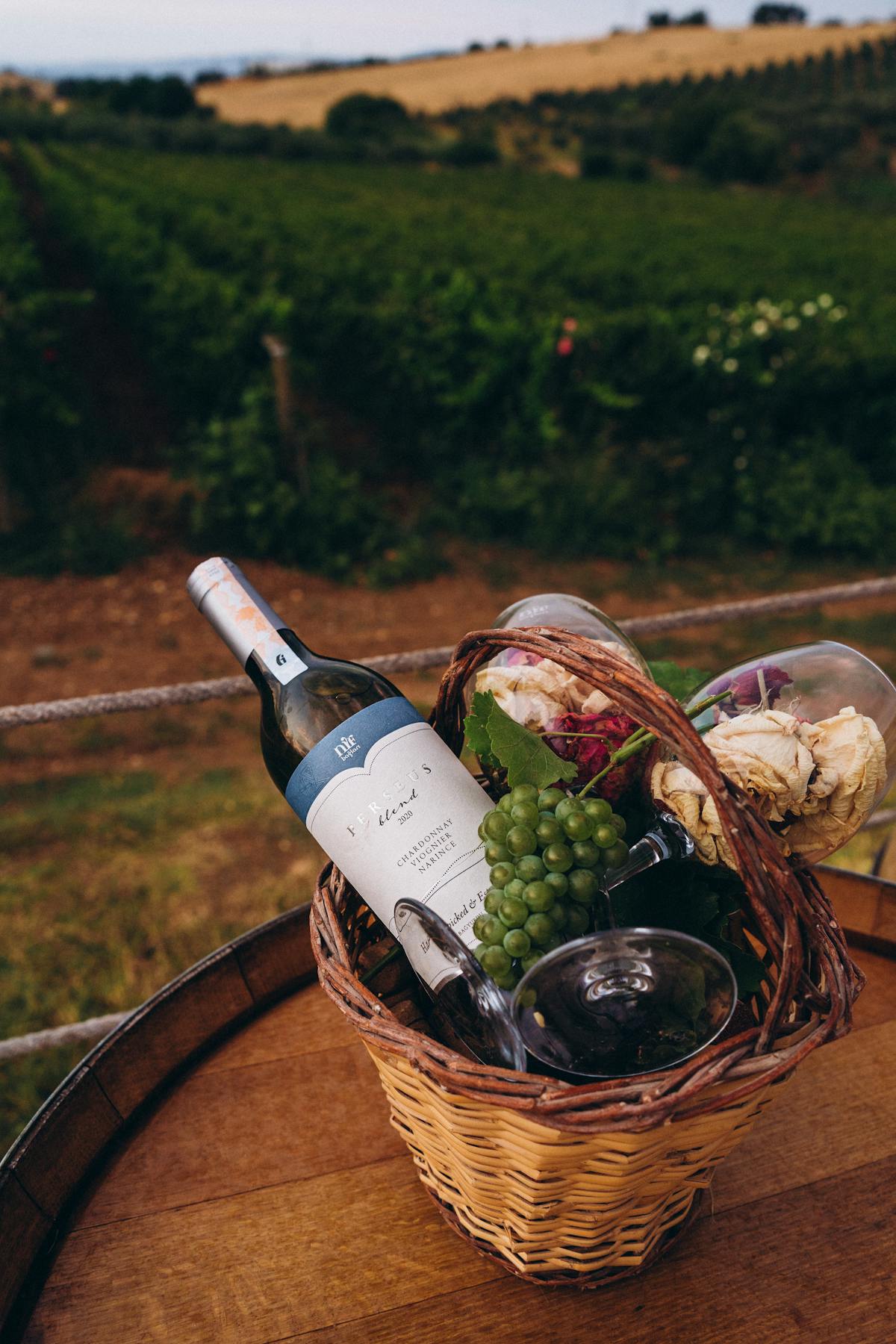 Wine and bread spread for a picnic in a vineyard setting