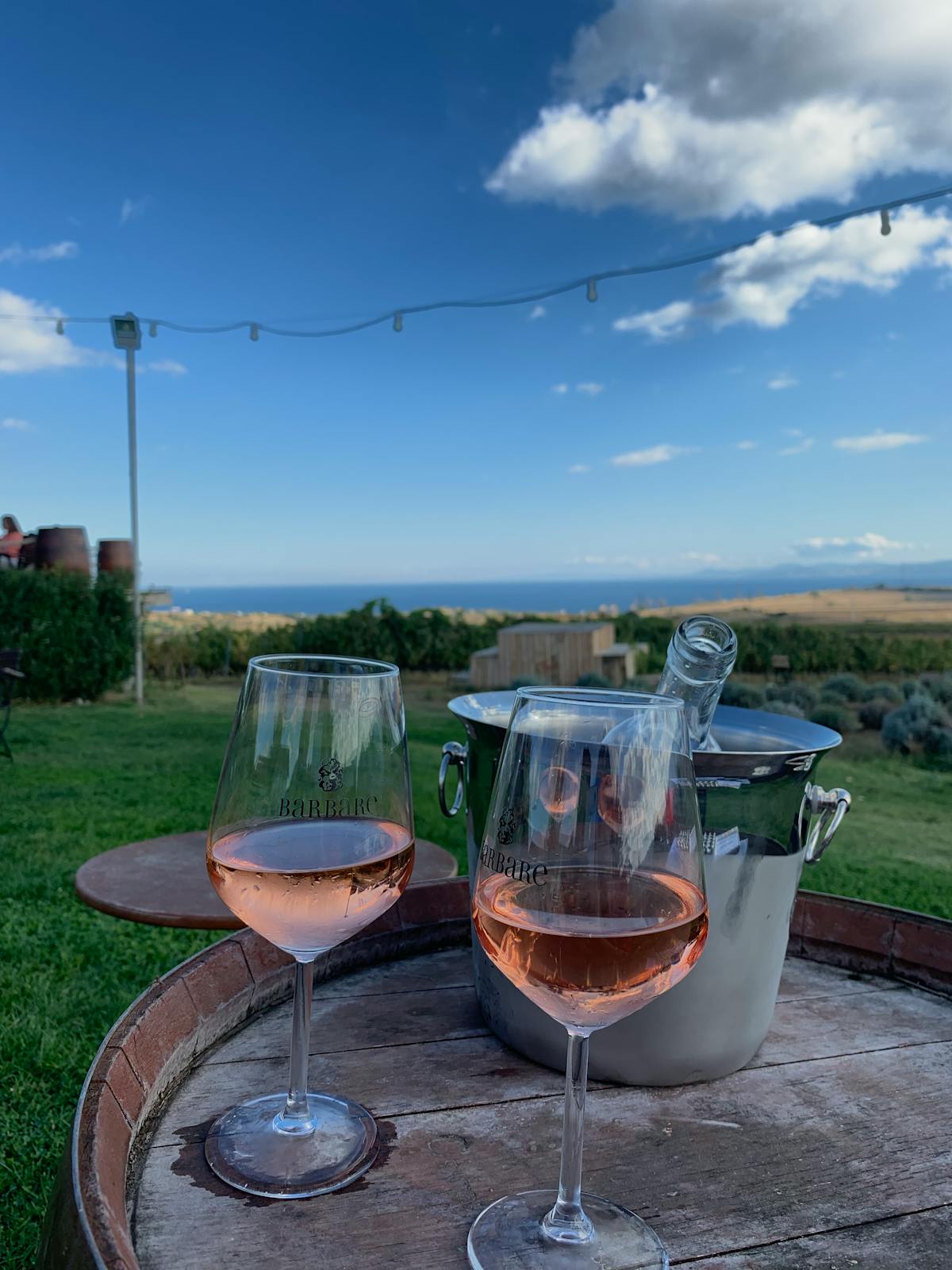 Rose wine glasses on a table overlooking a vineyard and the sea