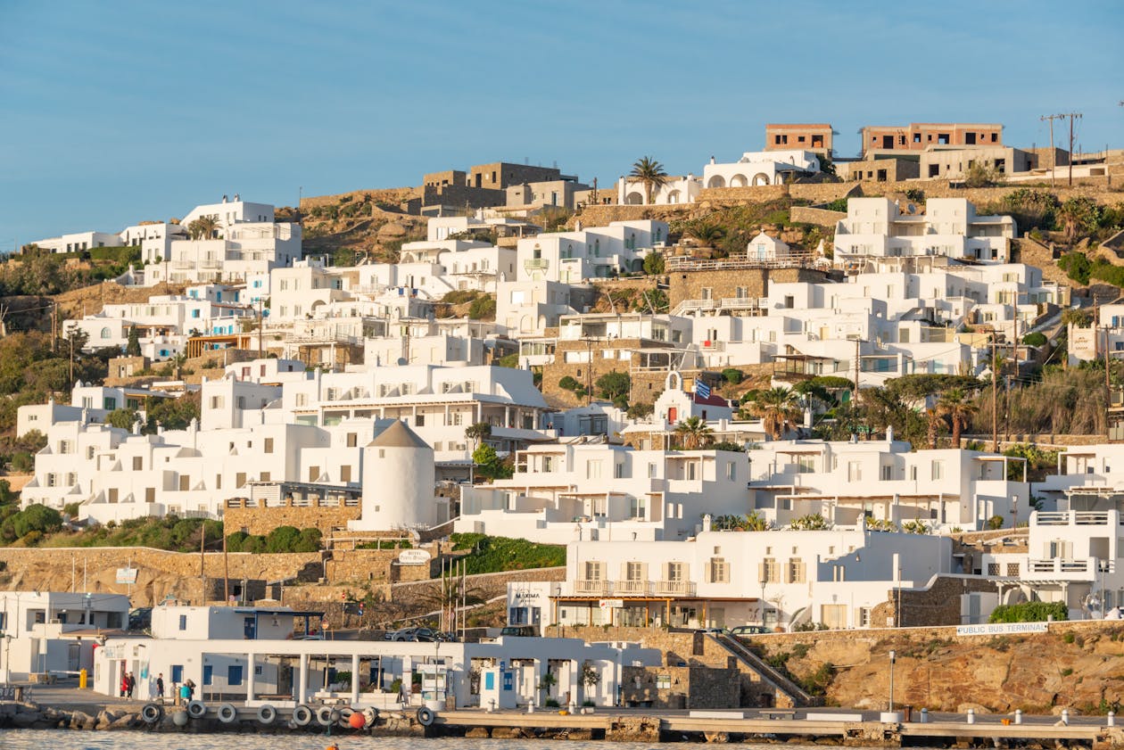 White Greek island village by the sea