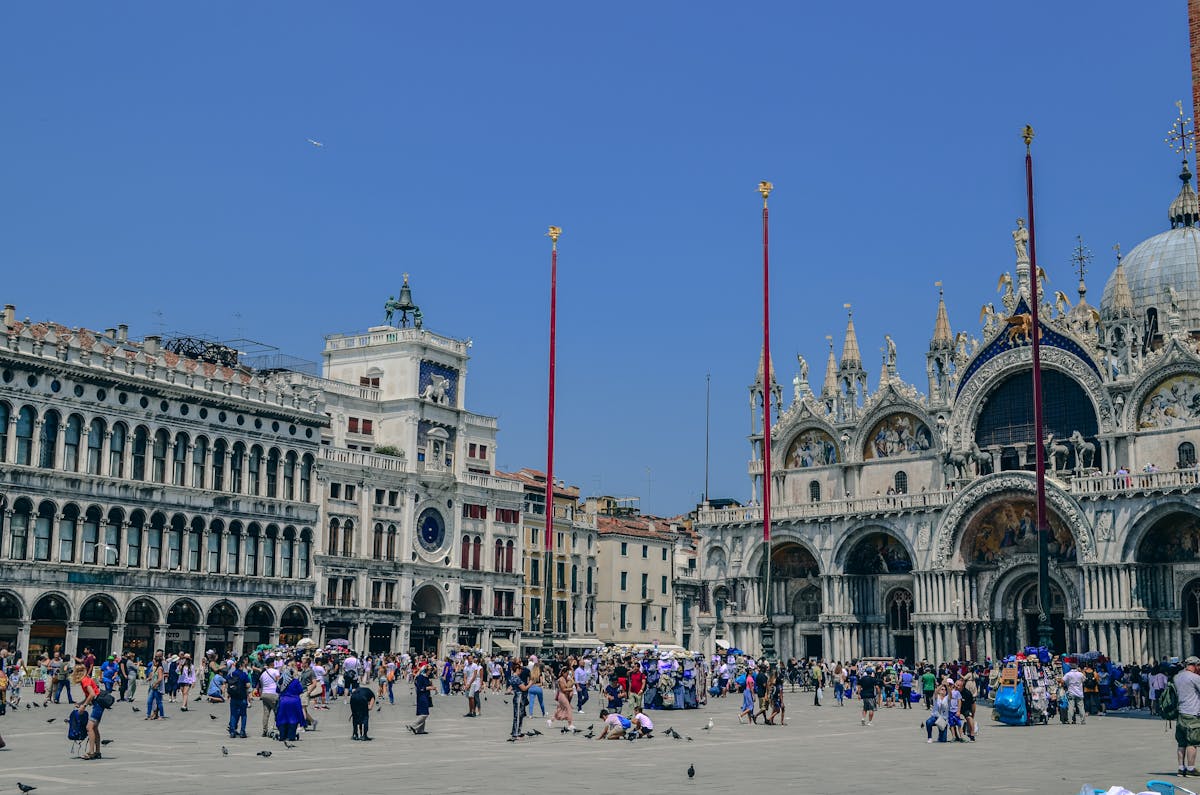 Crowded Piazza San Marco with St Marks Basilica Venice