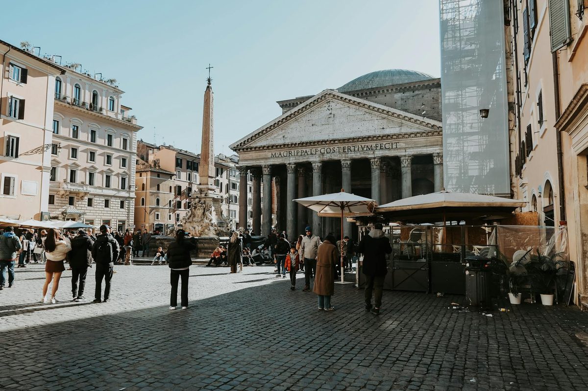 Tourists gathering in Piazza della Rotonda in front of the Pantheon, Rome