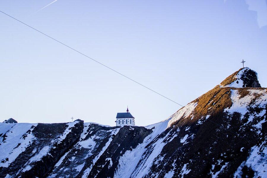 Mount Pilatus winter snow-capped peaks chapel