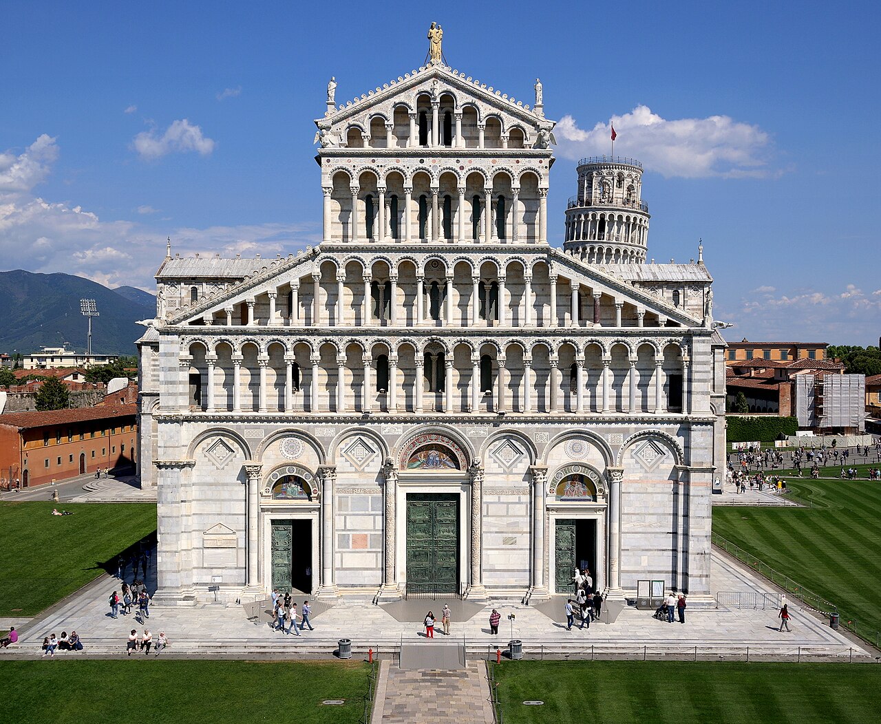 The Pisa Cathedral and Leaning Tower viewed from the Baptistery steps