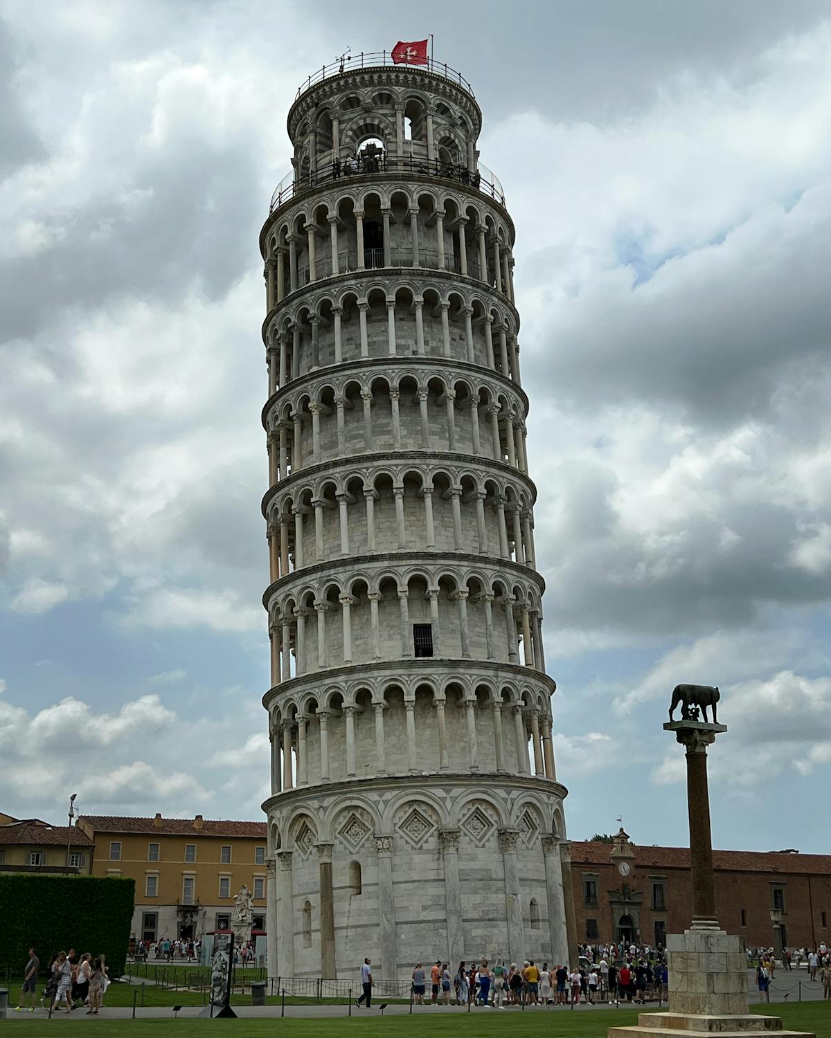 The Leaning Tower of Pisa from an unusual angle behind the Cathedral