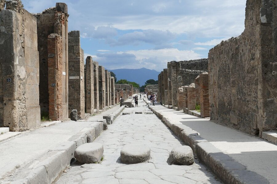 Ancient ruins of Pompeii showing excavated buildings and streets in Naples Italy
