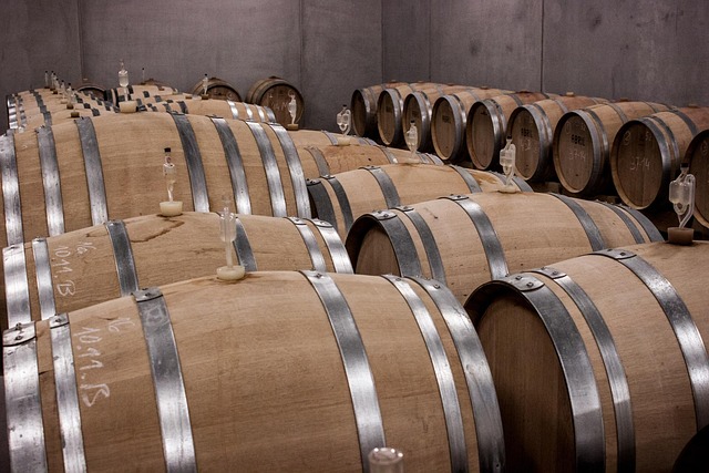 Wine barrels aging in a traditional sherry bodega cellar