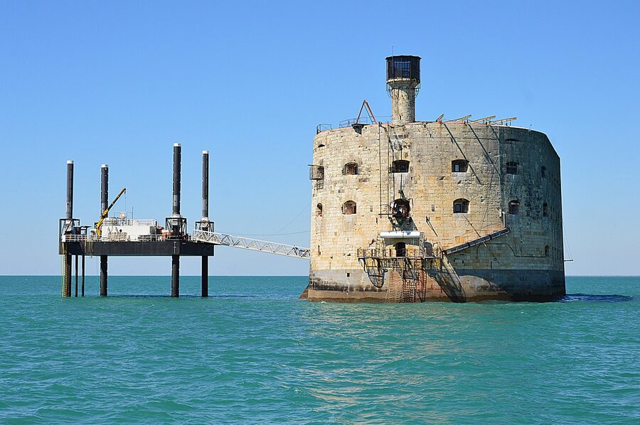 Fort Boyard stone fortress viewed from an approaching tour boat in the Charente strait