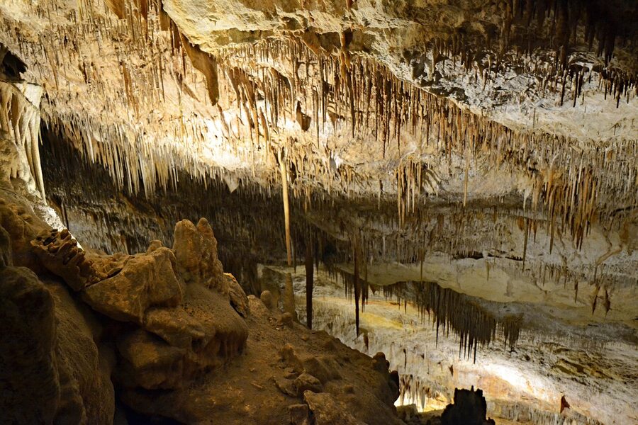 Interior view of the Drach Caves showing stalactite formations in Mallorca