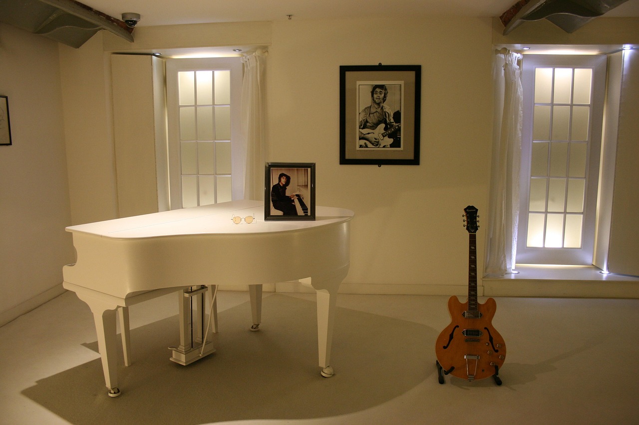 John Lennon white Imagine piano replica on display at the Beatles Story museum in Liverpool