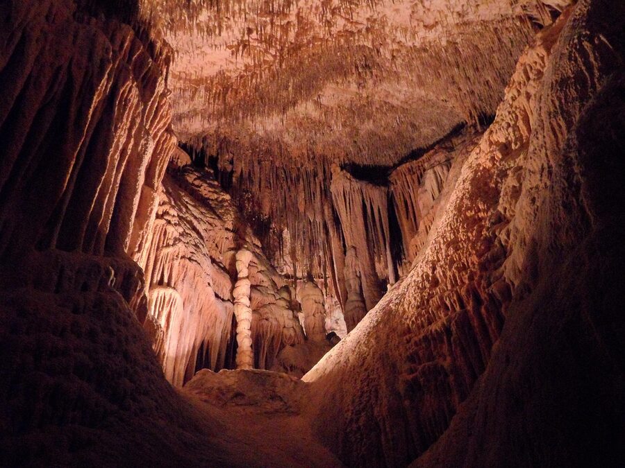 Interior of a Mallorca cave showing dramatic stalagmite and stalactite formations