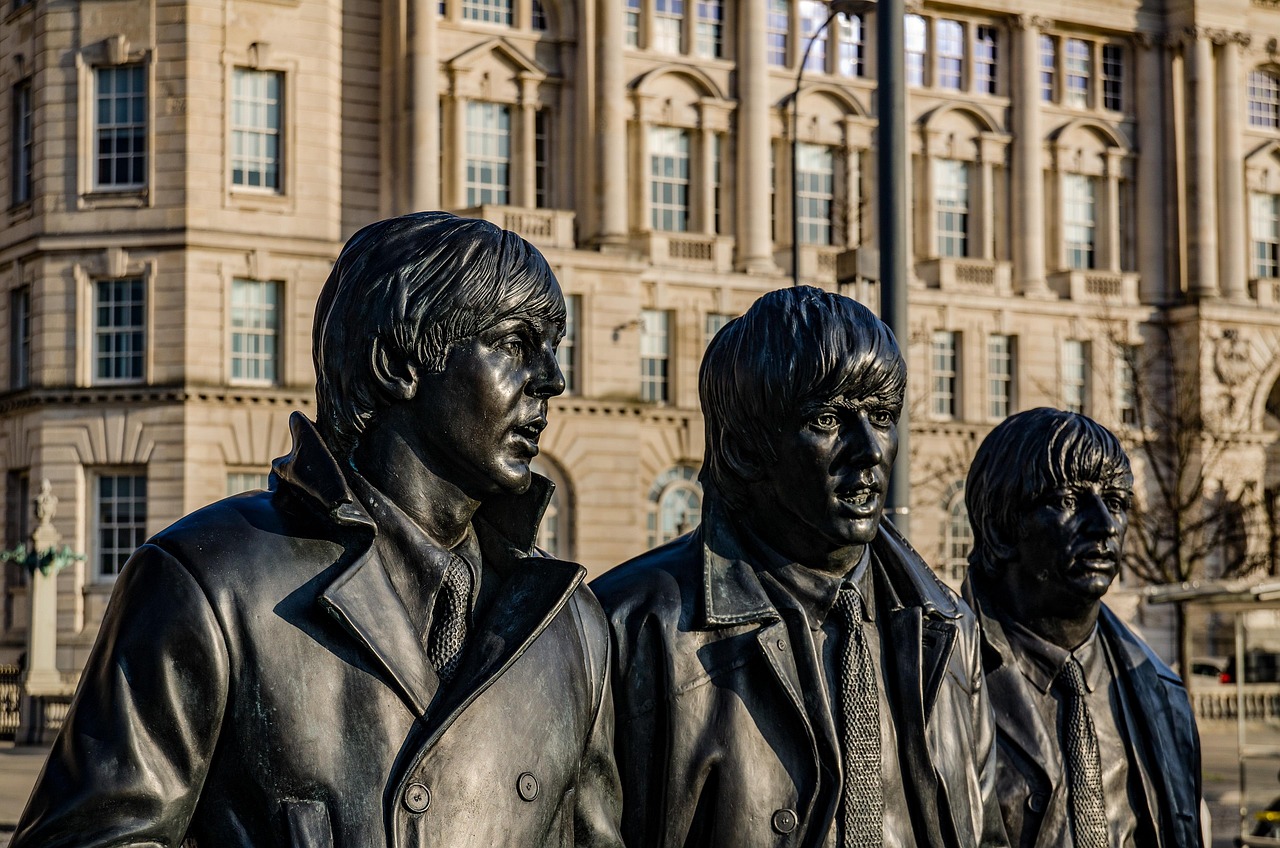 Beatles themed monument and sculpture at Albert Docks in Liverpool