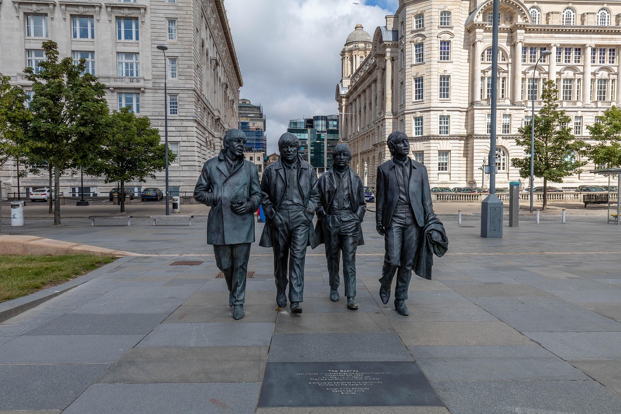 Bronze statues of John Lennon, Paul McCartney, George Harrison and Ringo Starr on the Liverpool waterfront