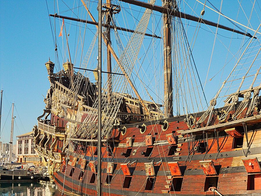 The Neptune galleon ship replica moored at the old port in Genoa Liguria