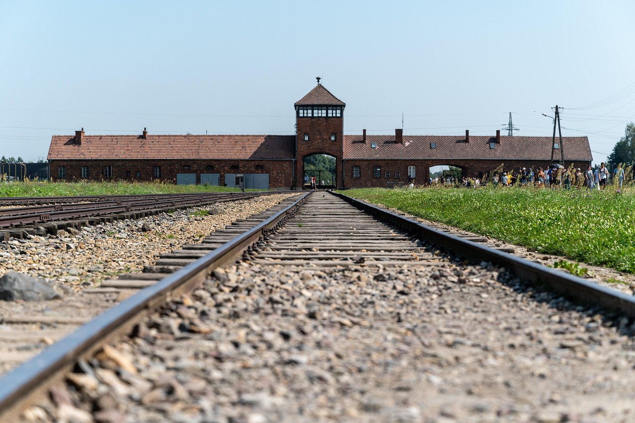 Rows of brick barracks at Auschwitz I concentration camp