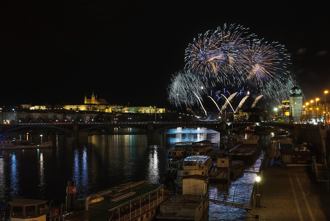 Prague Castle and the Vltava River with Charles Bridge in the foreground on a clear day
