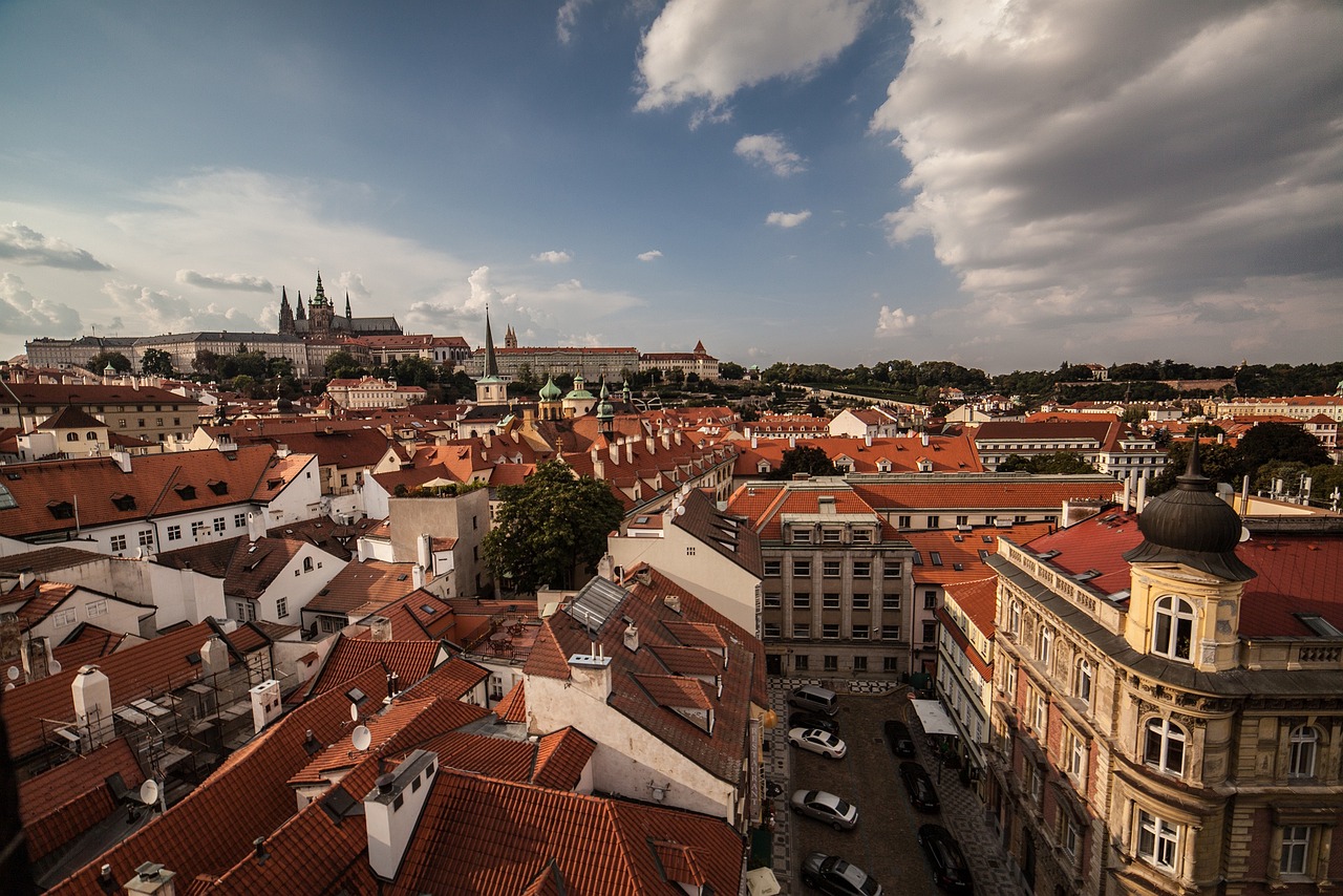 Panoramic view of Prague with Prague Castle and St. Vitus Cathedral dominating the skyline