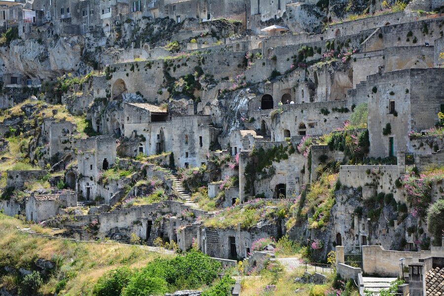 Restored cave houses with gardens and stairways in the Sassi di Matera