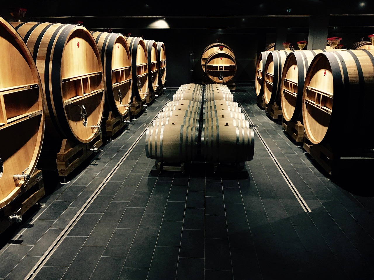 Wooden champagne casks and barrels stored in a winery cellar