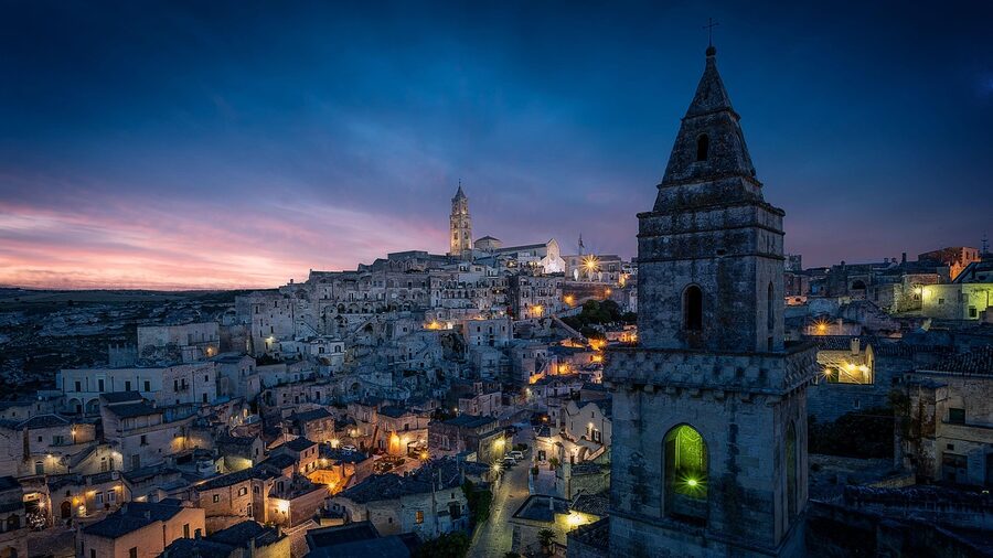 Matera cityscape showing ancient stone buildings carved into rock