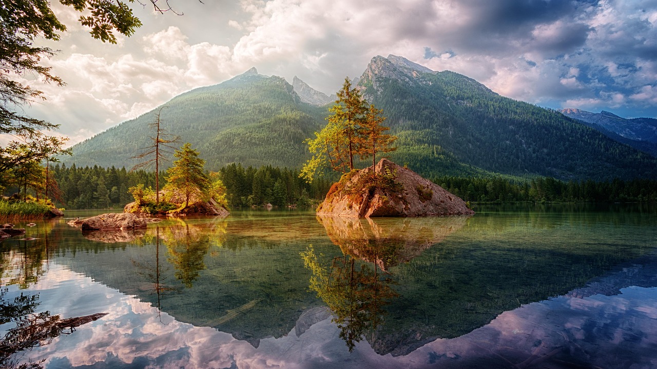 Hintersee lake surrounded by mountains and forest near Berchtesgaden Bavaria
