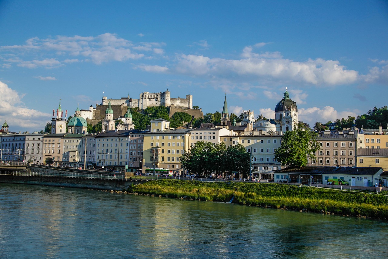 Salzburg cityscape showing Mirabell Gardens river and Hohensalzburg Fortress