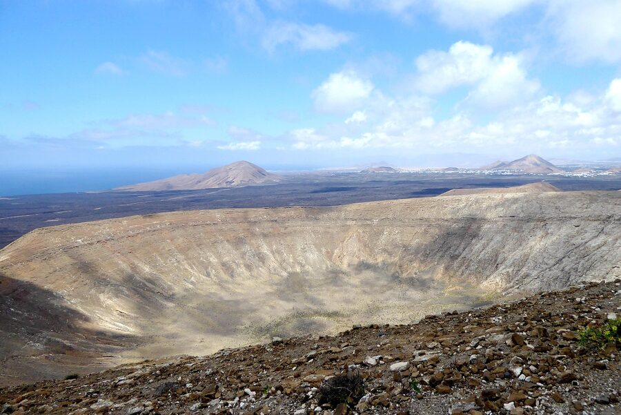 Volcanic crater with layered geological formations in Lanzarote