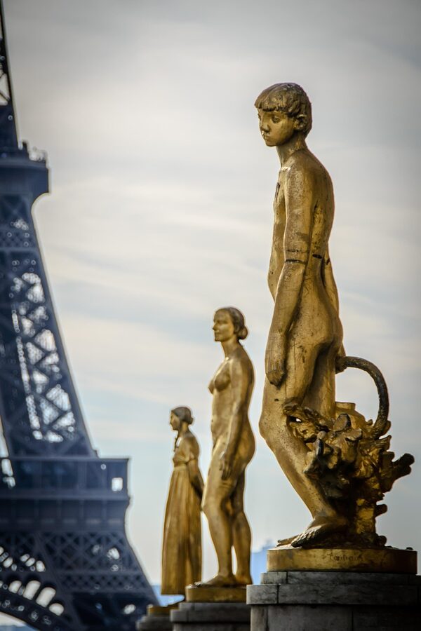 The Eiffel Tower viewed from across the Trocadero gardens on a clear Paris morning