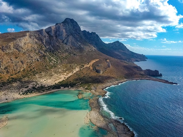 Panoramic view of Balos lagoon with mountains and turquoise water