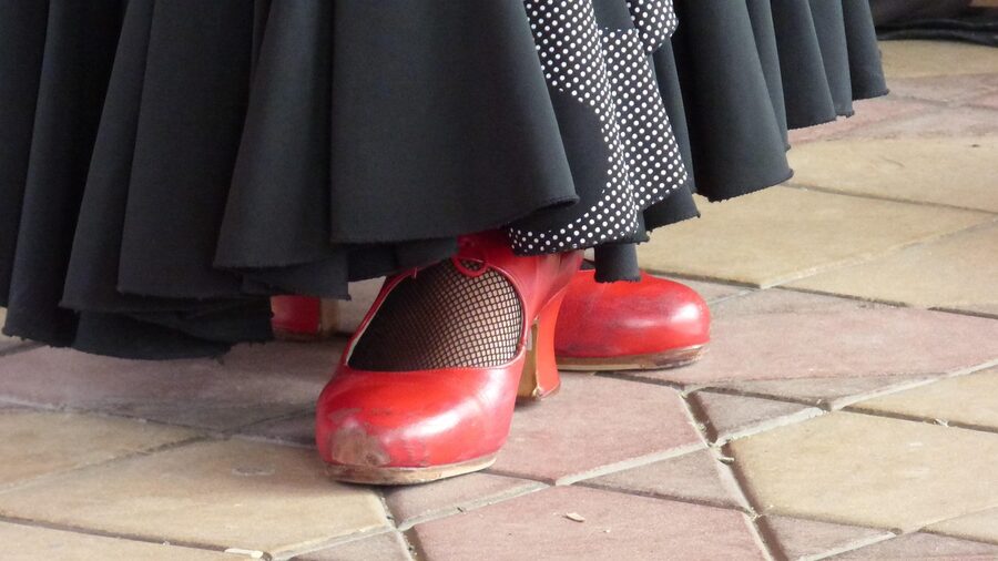 Close-up of red flamenco dancing shoes