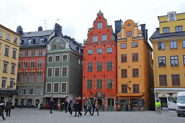 Authentic traditional buildings on street in Stockholm Gamla Stan Old Town