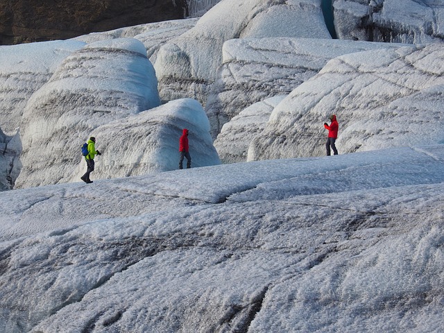 Glacier hiking trail on Skaftafellsjokull with crevasses and ice formations