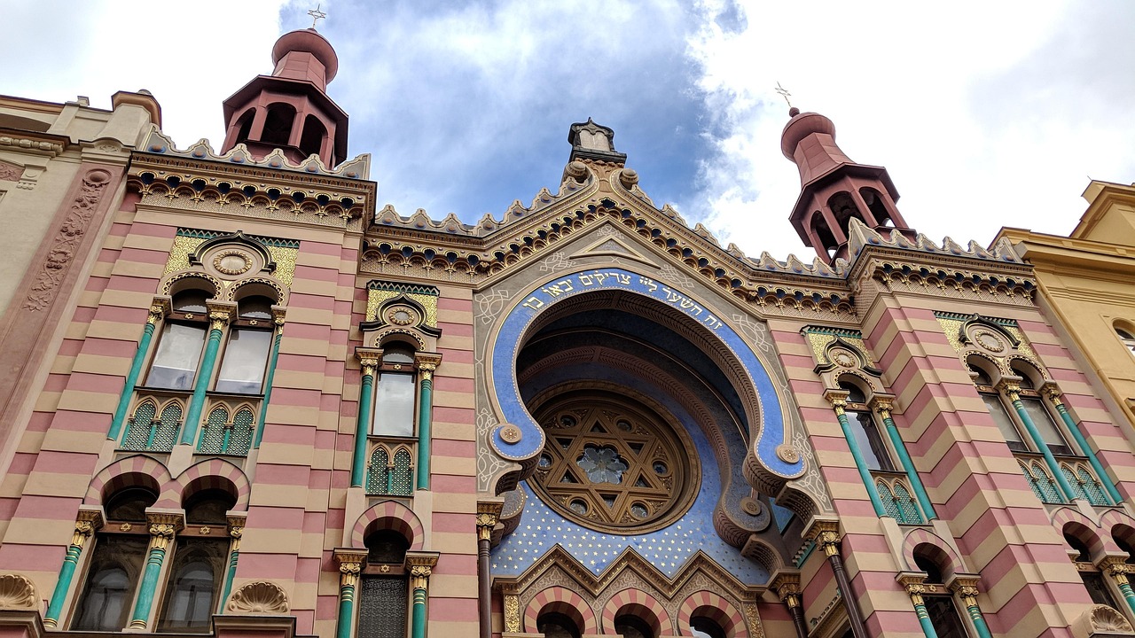 Colorful Art Nouveau facade of the Jubilee Synagogue in Prague
