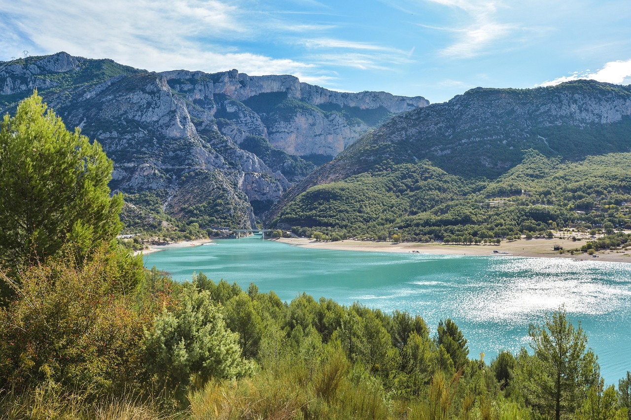 Lac de Sainte-Croix in the Gorges du Verdon area of Provence France with mountain panorama