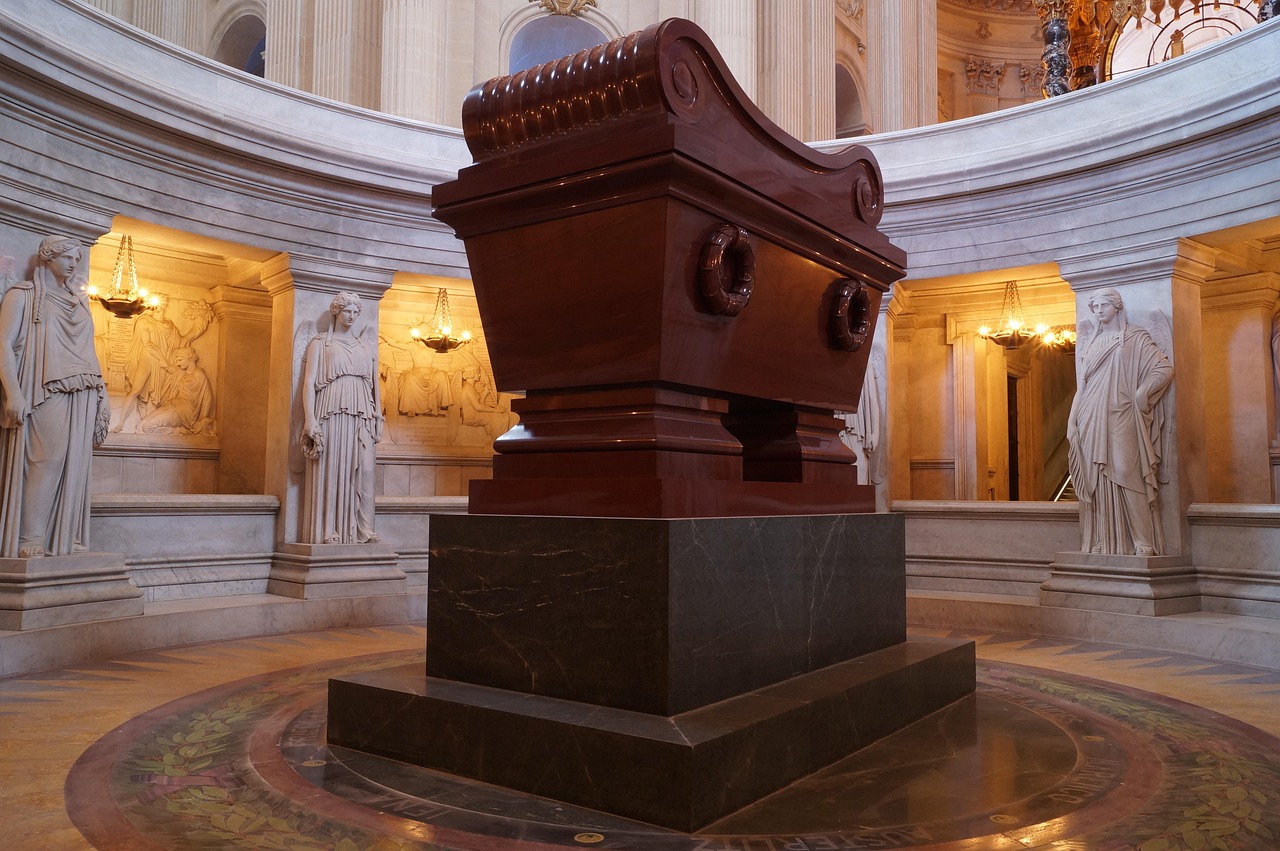 The large red quartzite sarcophagus of Napoleon at Les Invalides in Paris