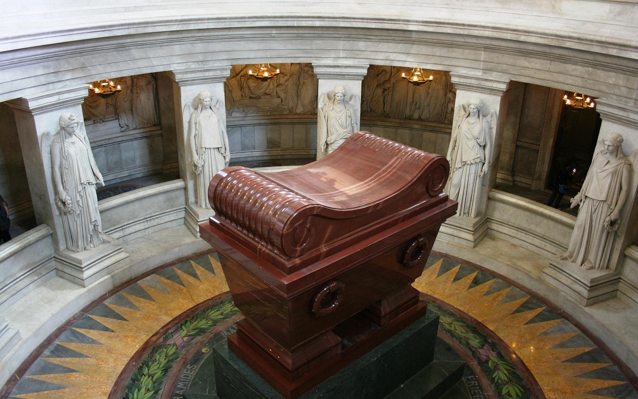 View looking down at Napoleon tomb sarcophagus inside Les Invalides