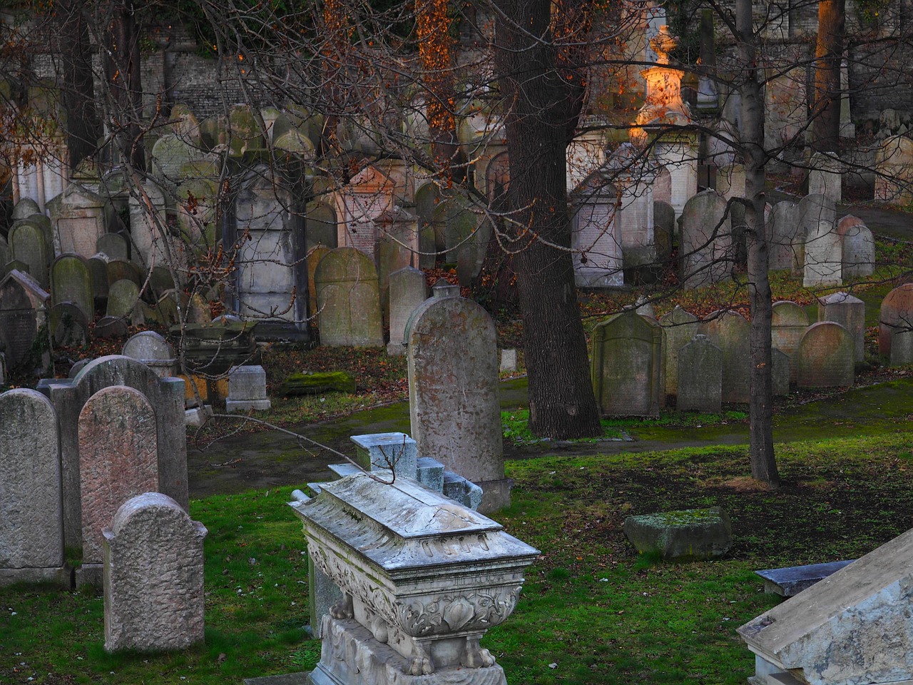 Dark atmospheric view of an old Jewish cemetery with weathered tombstones among ivy and trees