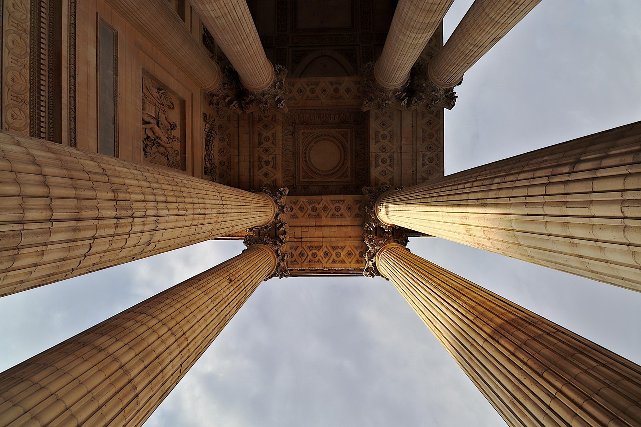 Perspective view of the Pantheon in Paris showing neoclassical columns and dome