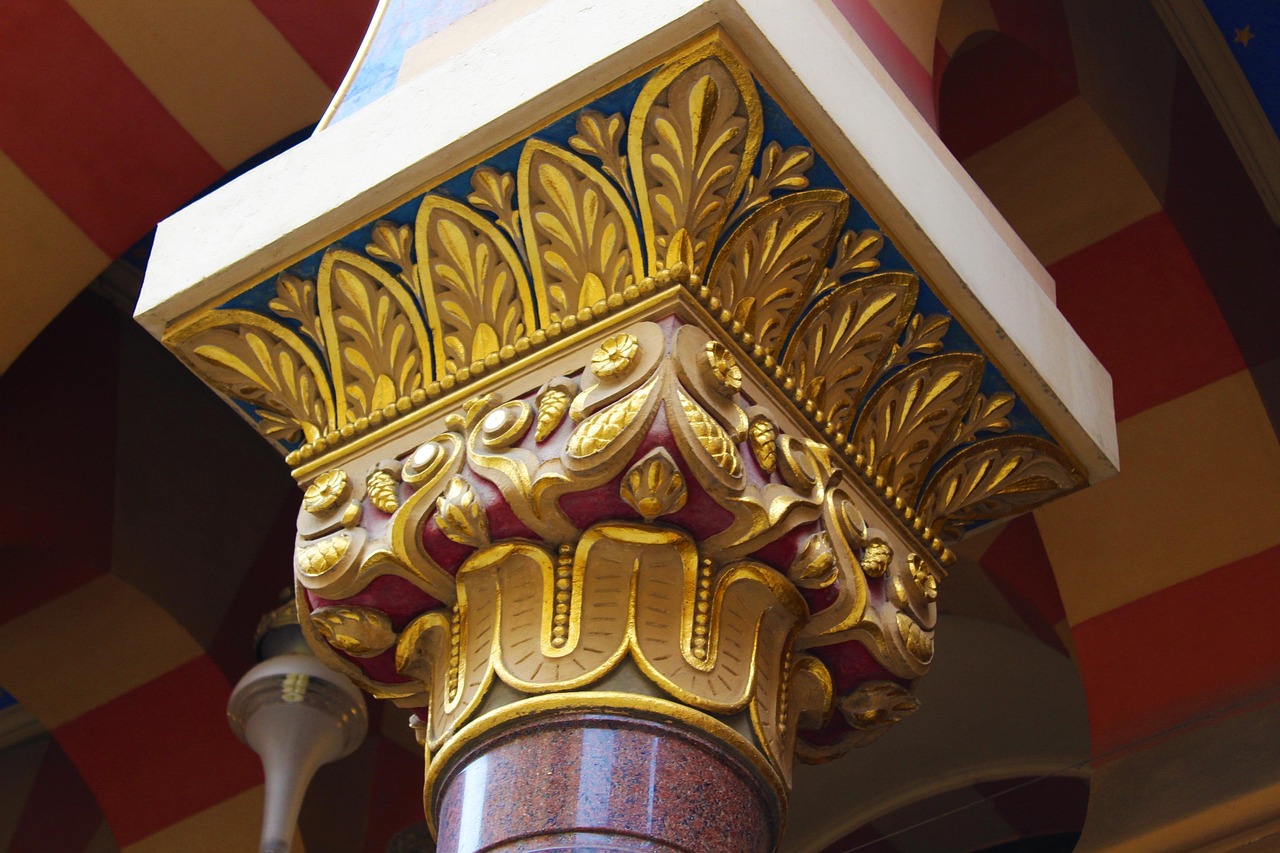 Ornamental dome and pillar inside a Prague synagogue with Moorish design elements
