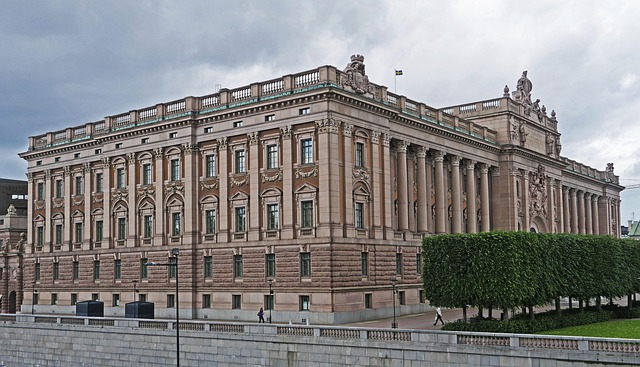Swedish Riksdag Parliament building viewed from Royal Palace area in Stockholm