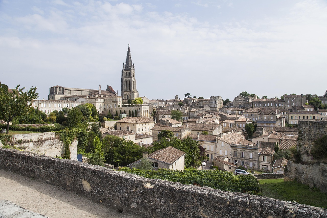 Historic fortification walls and buildings of Saint-Emilion wine town in Bordeaux region France