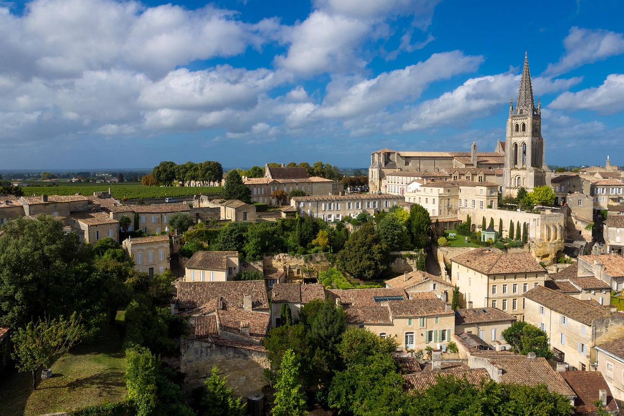 Vineyard rows leading to the village of Saint-Emilion with church spire visible in Bordeaux France
