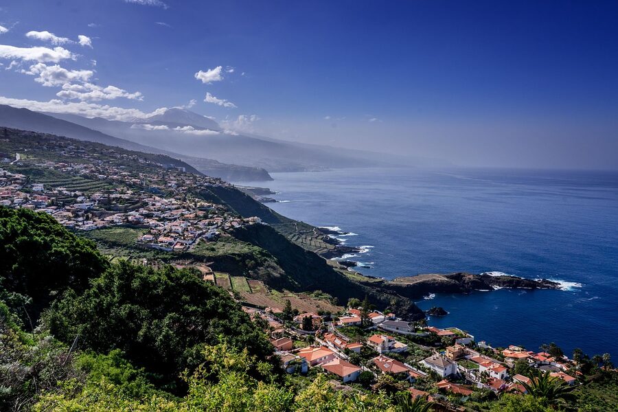 Ocean coast view of Tenerife island with Teide in background