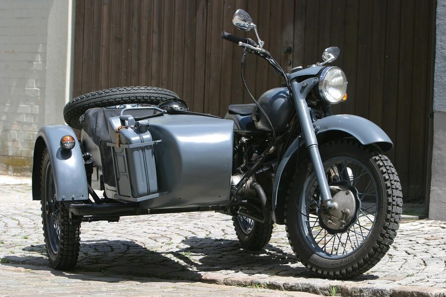 Vintage BMW motorcycle with sidecar in classic black