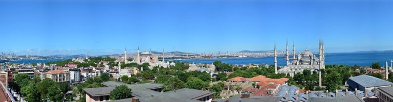 Panoramic view of Istanbul historic peninsula showing Hagia Sophia and the Blue Mosque against the skyline