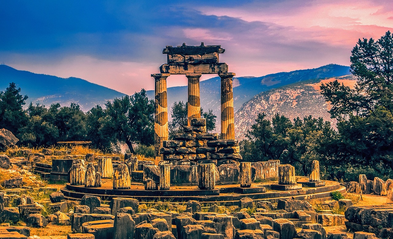 Ancient ruins of the Oracle of Delphi sanctuary on the mountainside