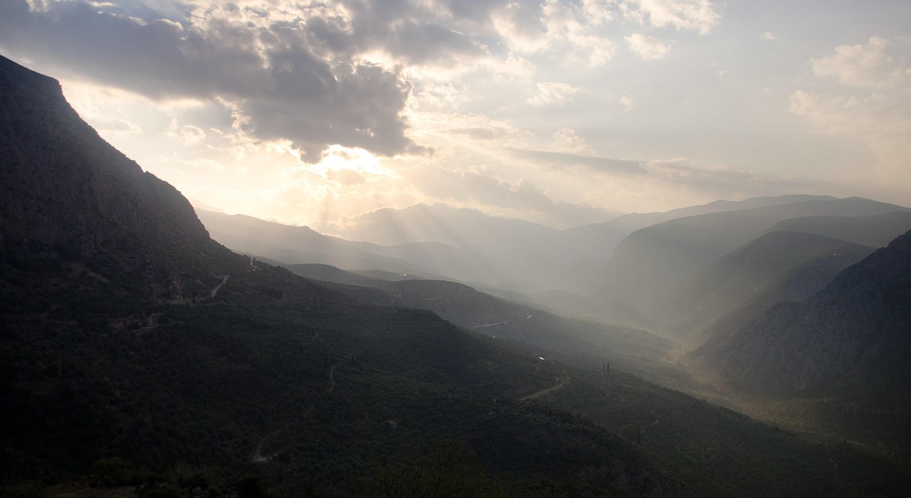 Misty mountain landscape of Mount Parnassus near Delphi